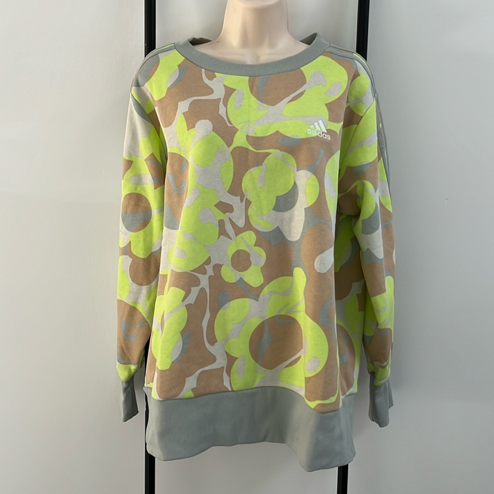 Adidas Print Floral Graphic Grey Neon Green Sweatshirt Women Size L New